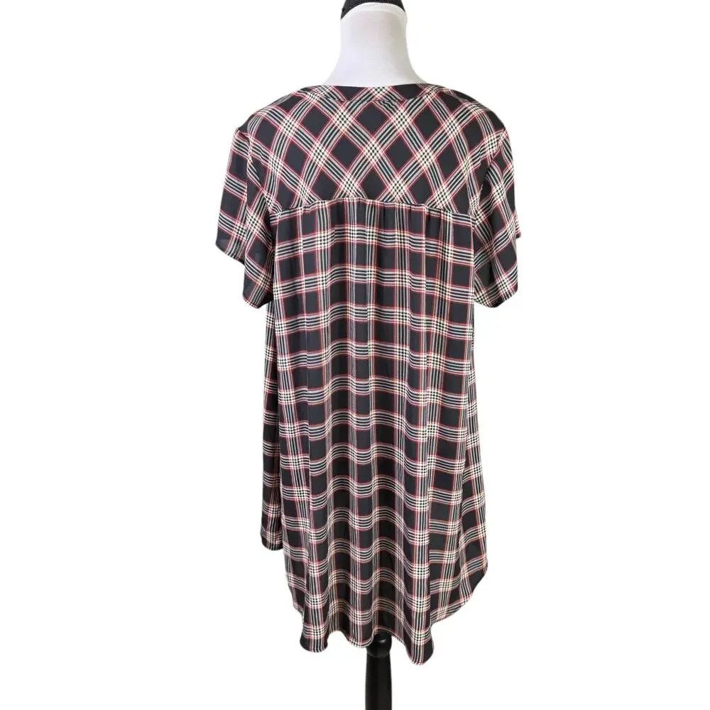 Torrid Sz 2 Georgette Black Red Plaid Short Sleeve Business Casual Tunic Blouse